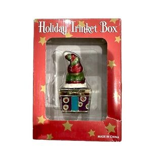 Little Mouse in Santa Claus’ Hat Metal Holiday Trinket Box with Red Jewels